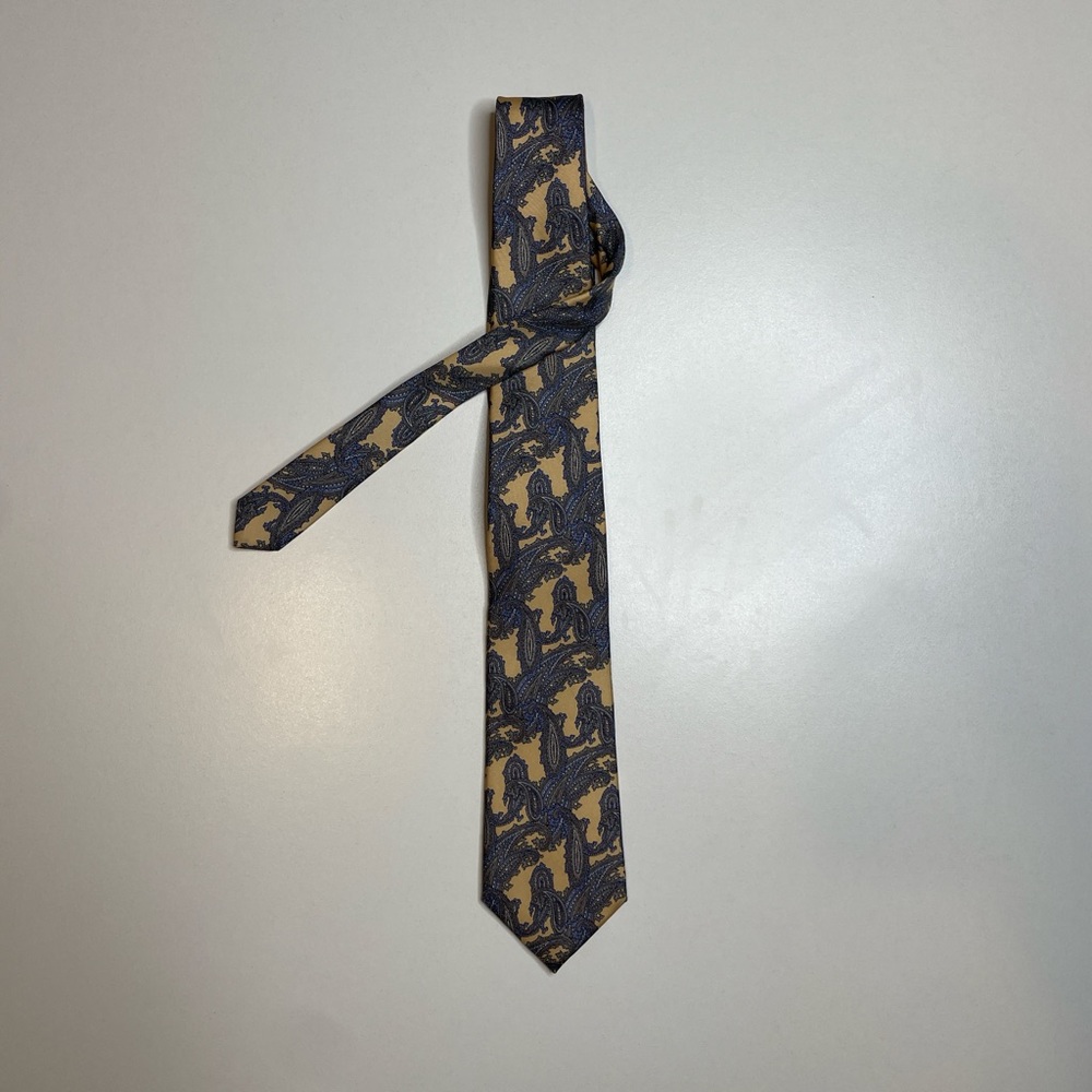 Vintage 80’s Christian Dior Tie Ornate Paisley Pattern Tan Blue White 100% Silk